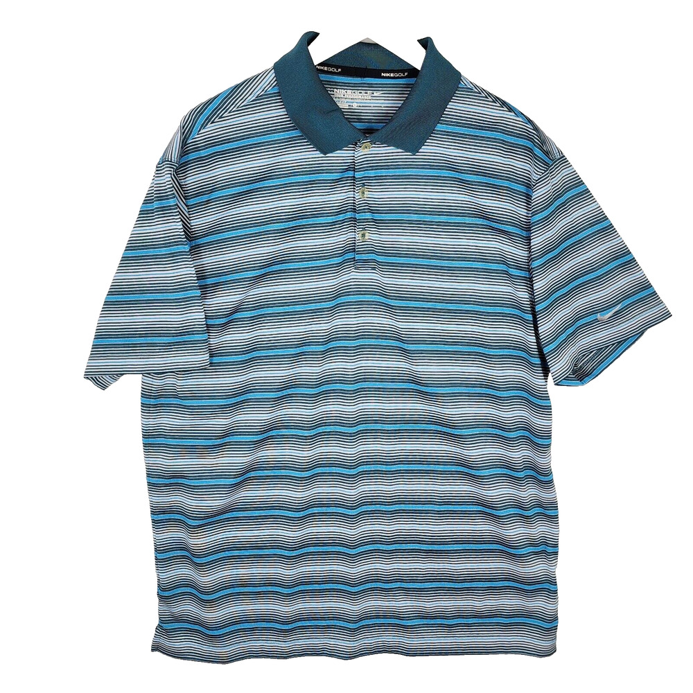 Nike Golf Shirt Mens L Tour Performance Dri-Fit Blue Grey Stripe Short Sleeve